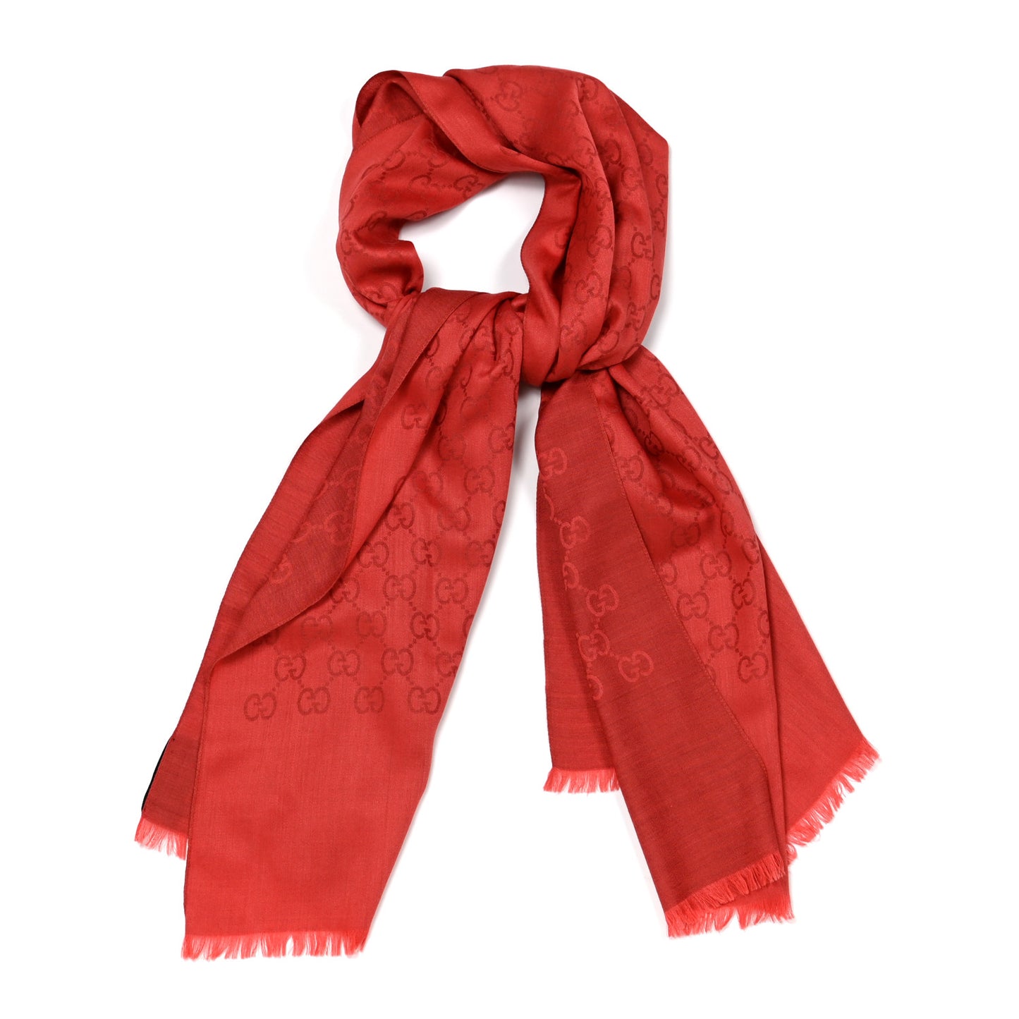 Wool Silk Fringe Monogram Shawl Scarf Red
