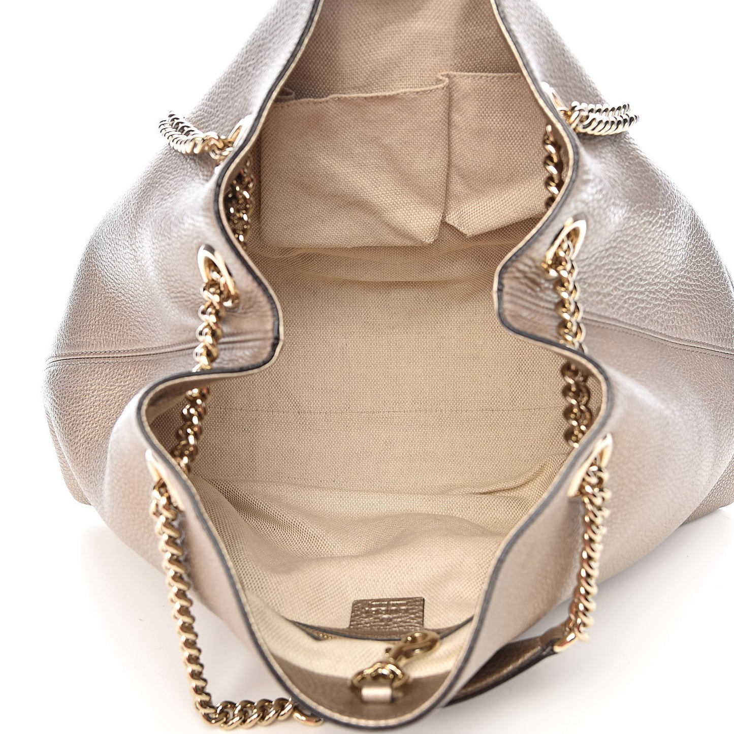 Metallic Pebbled Calfskin Medium Soho Chain Shoulder Bag Golden Beige