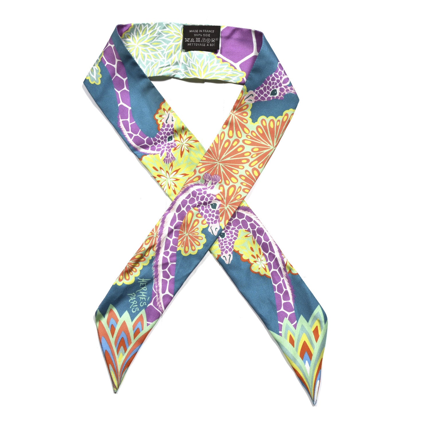 Hermes Silk The Three Graces Twilly Canard Mauve Jaune Fluo 1 of 4