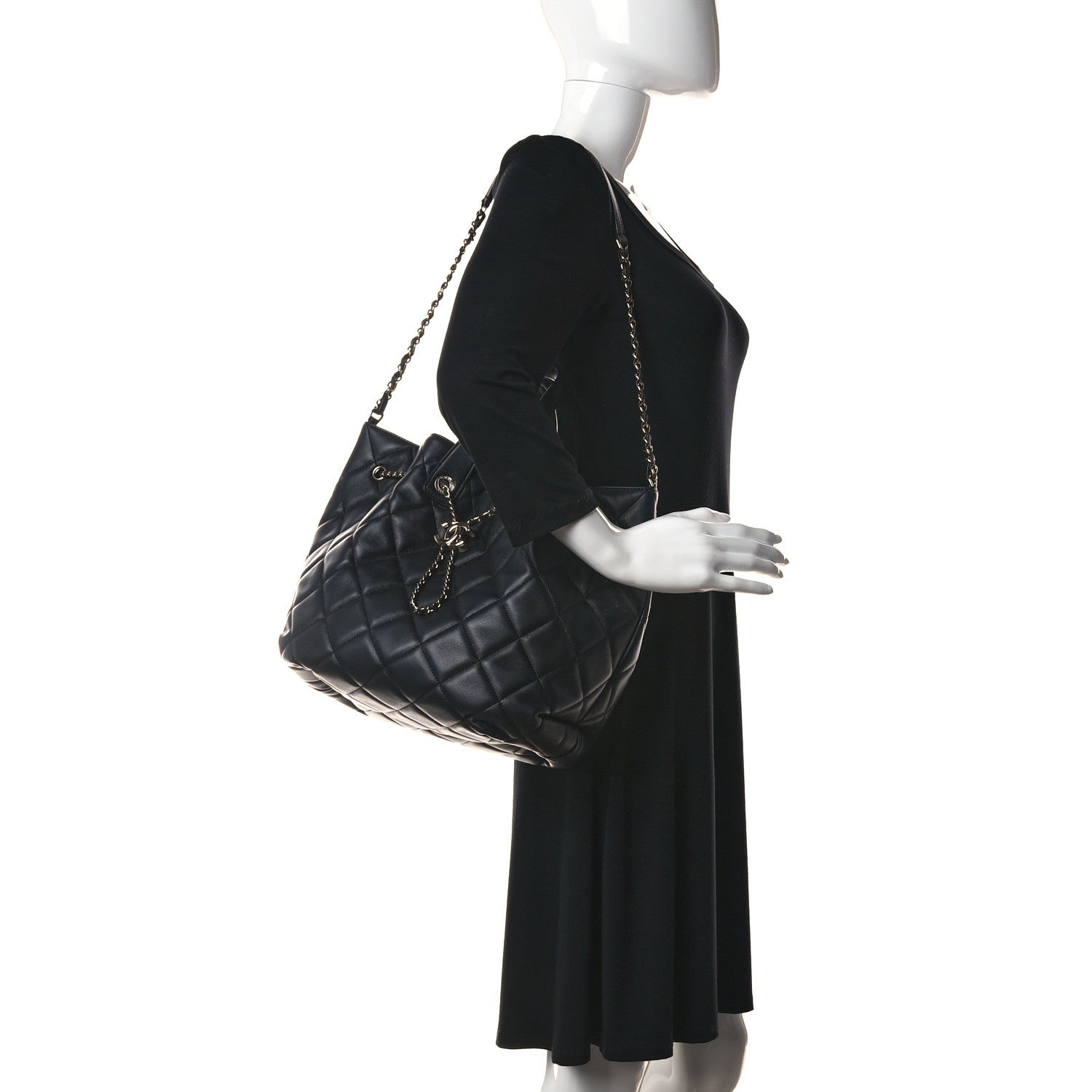 Chanel Lambskin Quilted CC Dweller Drawstring Tote Black 2 of 11