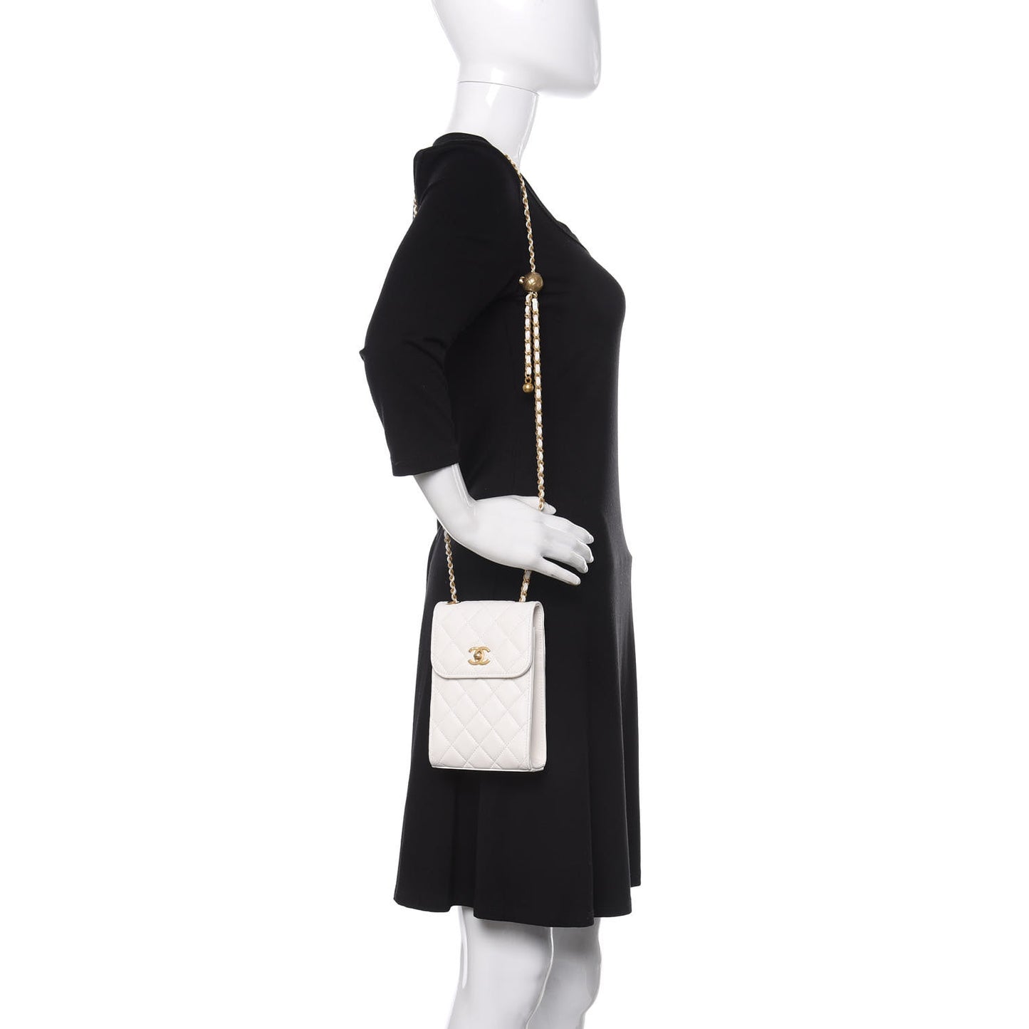 Lambskin Quilted Pearl Crush Phone Holder With Chain White