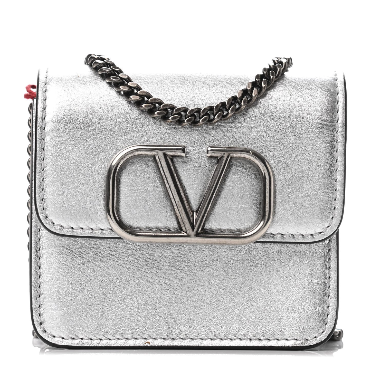 Metallic Calfskin Vlogo Compact Wallet with Chain Silver