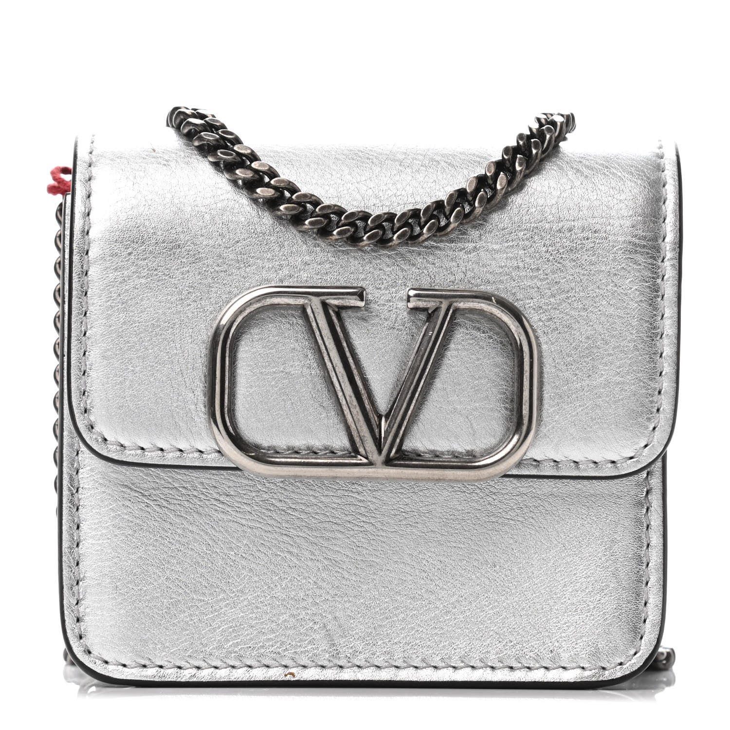 Valentino Garavani Metallic Calfskin Vlogo Compact Wallet with Chain Silver 1 of 4