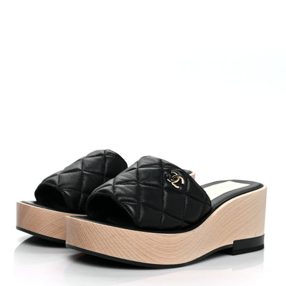 Chanel Lambskin Quilted CC Wedge Sandals 38 Black 3 of 9