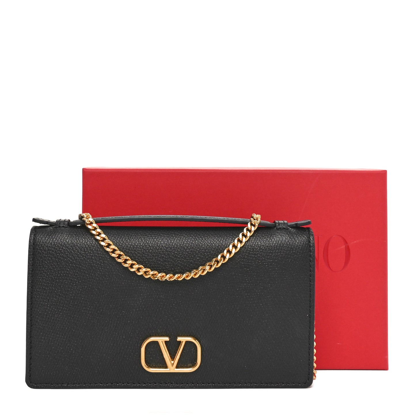 Grainy Calfskin VLogo Top Handle Wallet With Chain Black