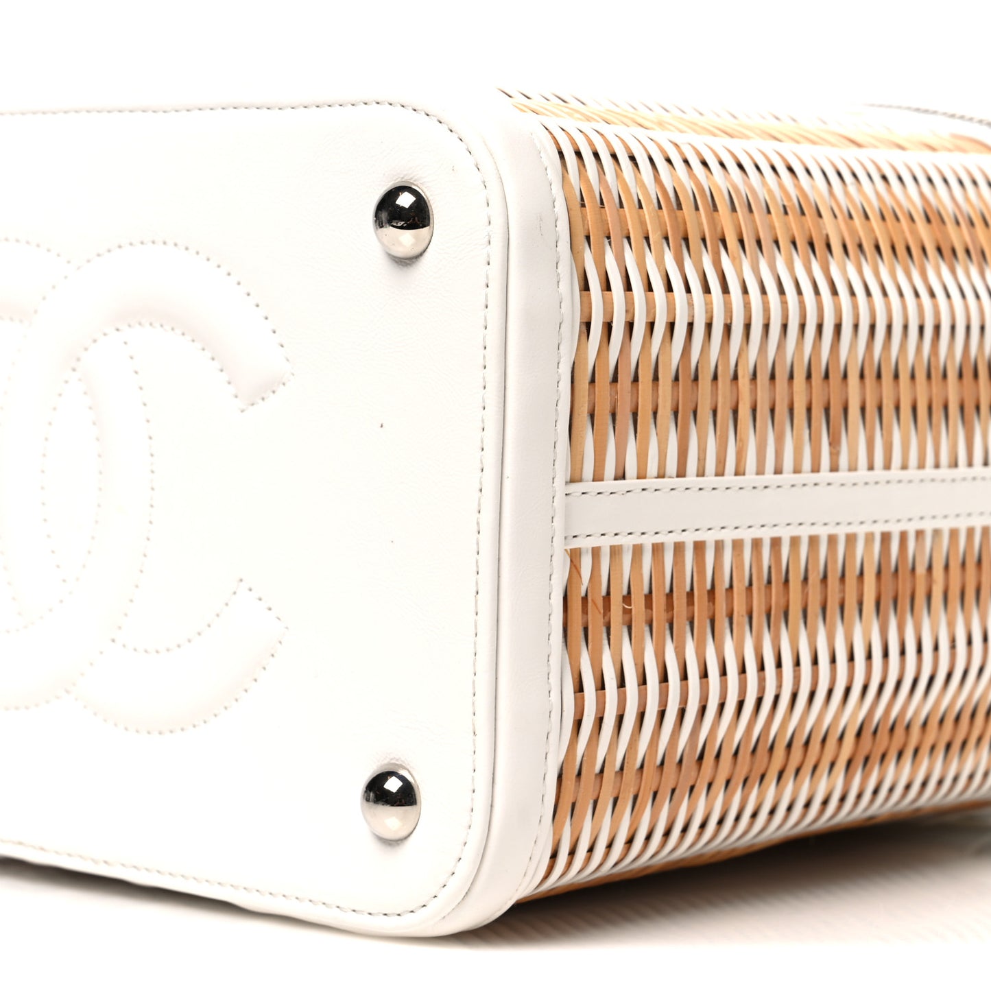 Glazed Calfskin Raffia Vanity Case Bag White Beige