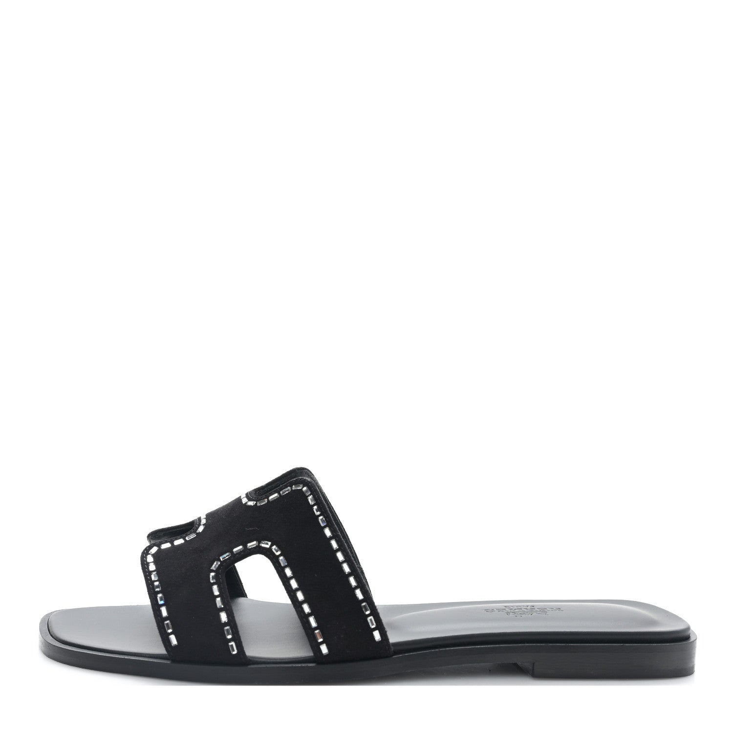HERMES 黒　ヒール　エナメル Hermes Calfskin Crystal Embellished Oran Sandals 37 Black 1425401