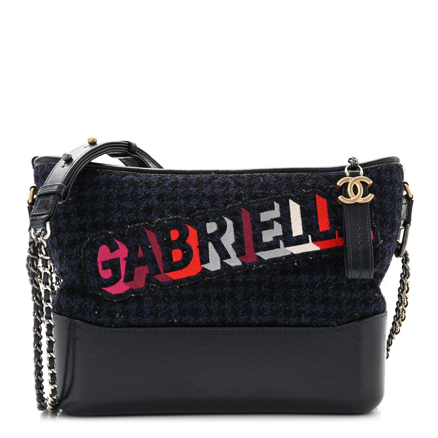 Chanel Tweed Calfskin Quilted Medium Gabrielle Hobo Black Blue 1 of 10