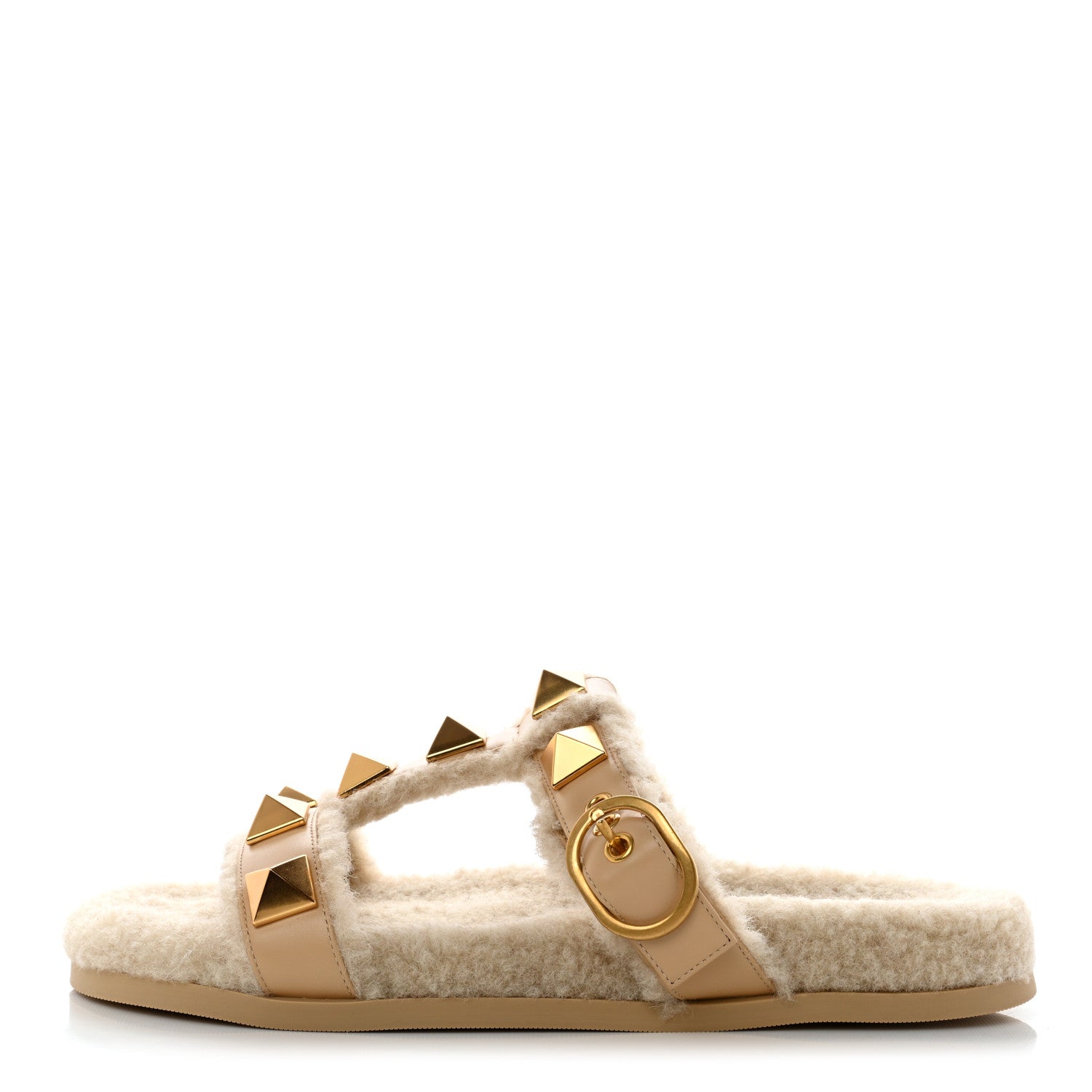 Valentino Garavani Shearling Roman Stud Slide Sandals 39.5 Sahara Beige 1 of 9
