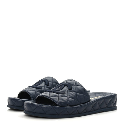 Chanel Lambskin Quilted CC Mules Sandals 37 Navy 3 of 8