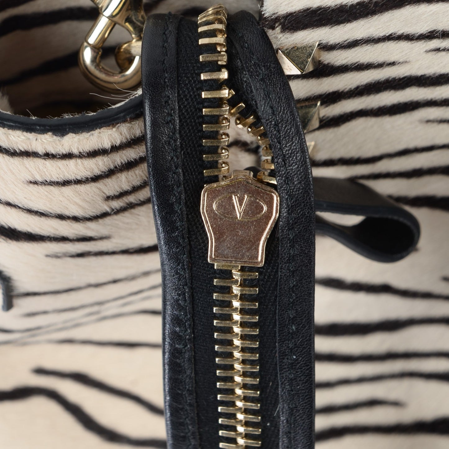 Zebra Print Calf Hair Rockstud Double Handle Tote