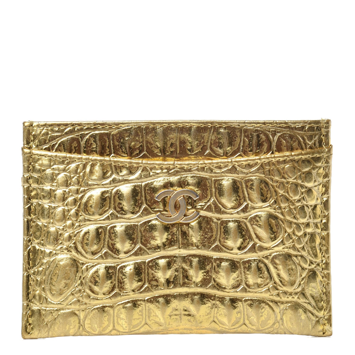 Chanel Metallic Calfskin Crocodile Embossed Cocodile Card Holder Gold 1 of 8