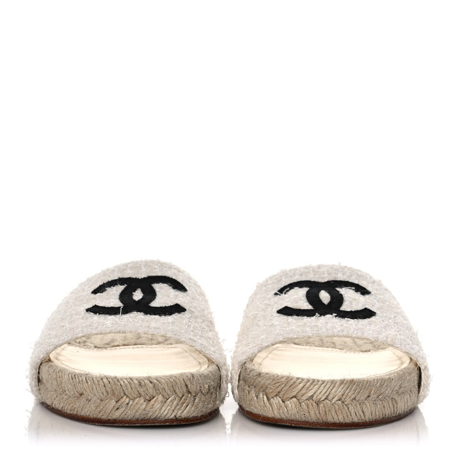 Tweed Grosgrain CC Espadrille Slip On Sandals 37 White Black