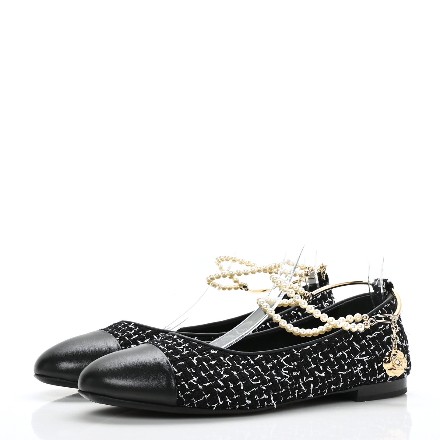 Tweed Lambskin Cap Toe Ankle Chain Ballerina Flats 41 Black White