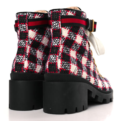 Gucci Vintage Tweed Check Lace Up Combat Ankle Boots 38 White Hibiscus Red Marine 4 of 8
