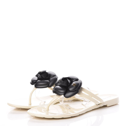 Chanel Jelly Camellia Thong Sandals 38 Ivory Black 3 of 15
