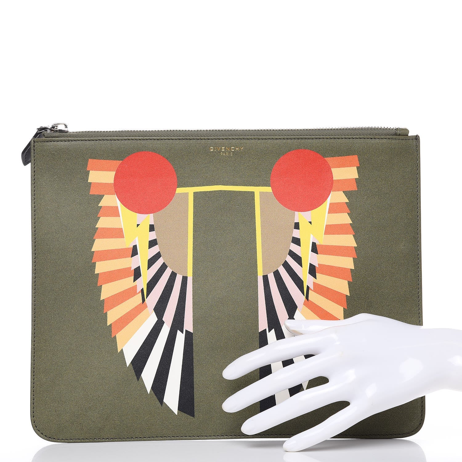 Givenchy Calfskin Egyptian Print Zip Pouch Olive 2 of 7