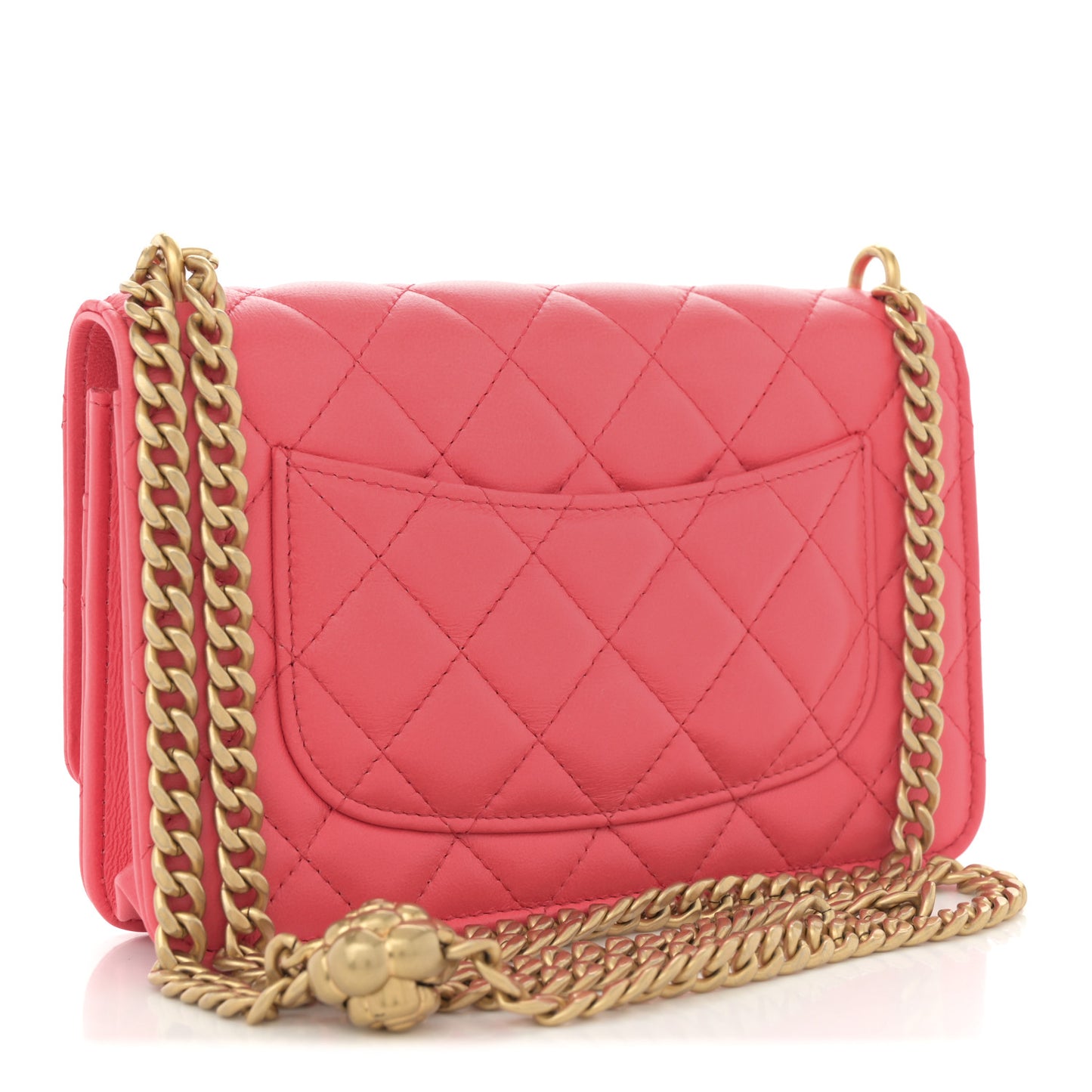 Lambskin Quilted Sweet Camellia Wallet On Chain WOC Coral