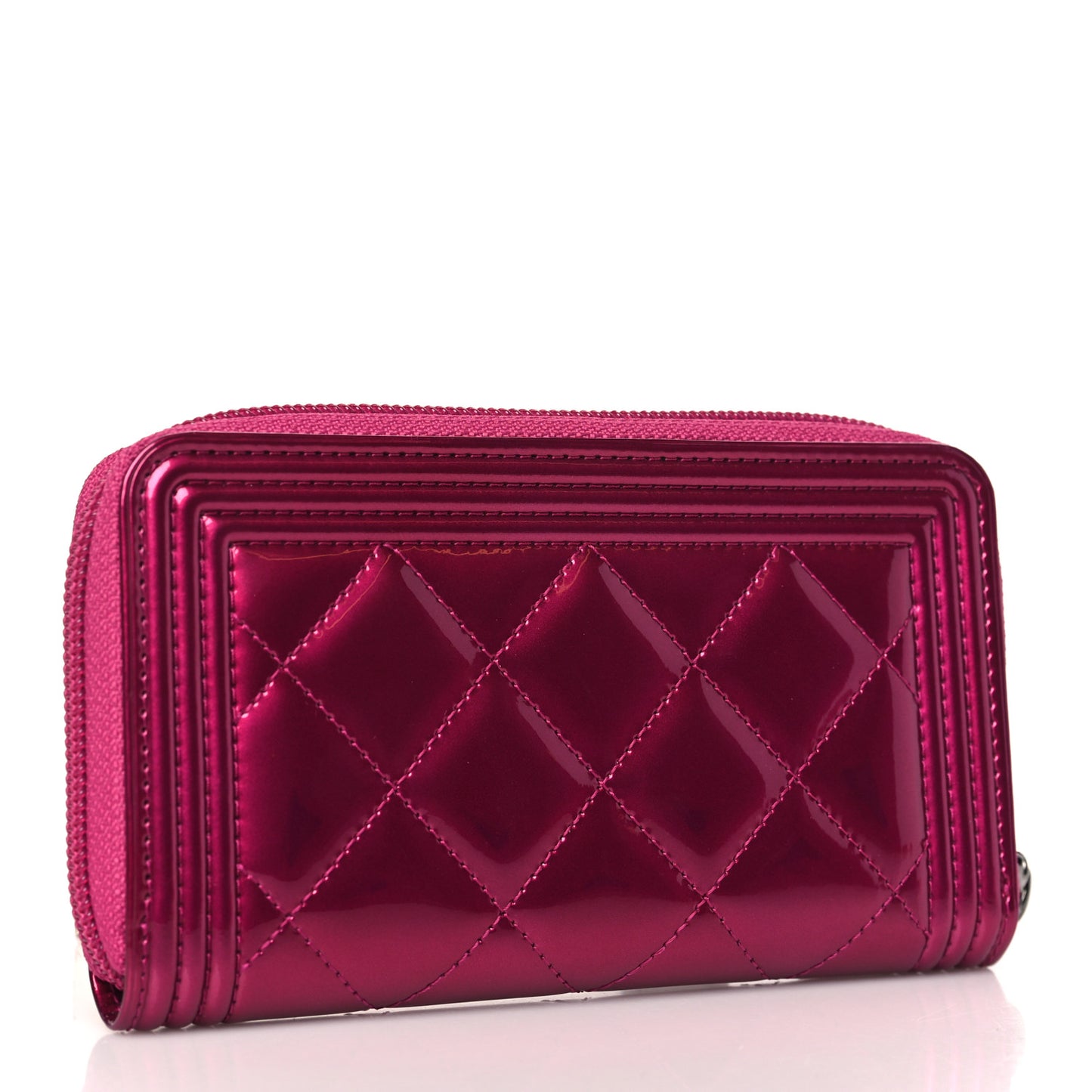 Metallic Patent Quilted Boy Zip Around Wallet Fuchsia
