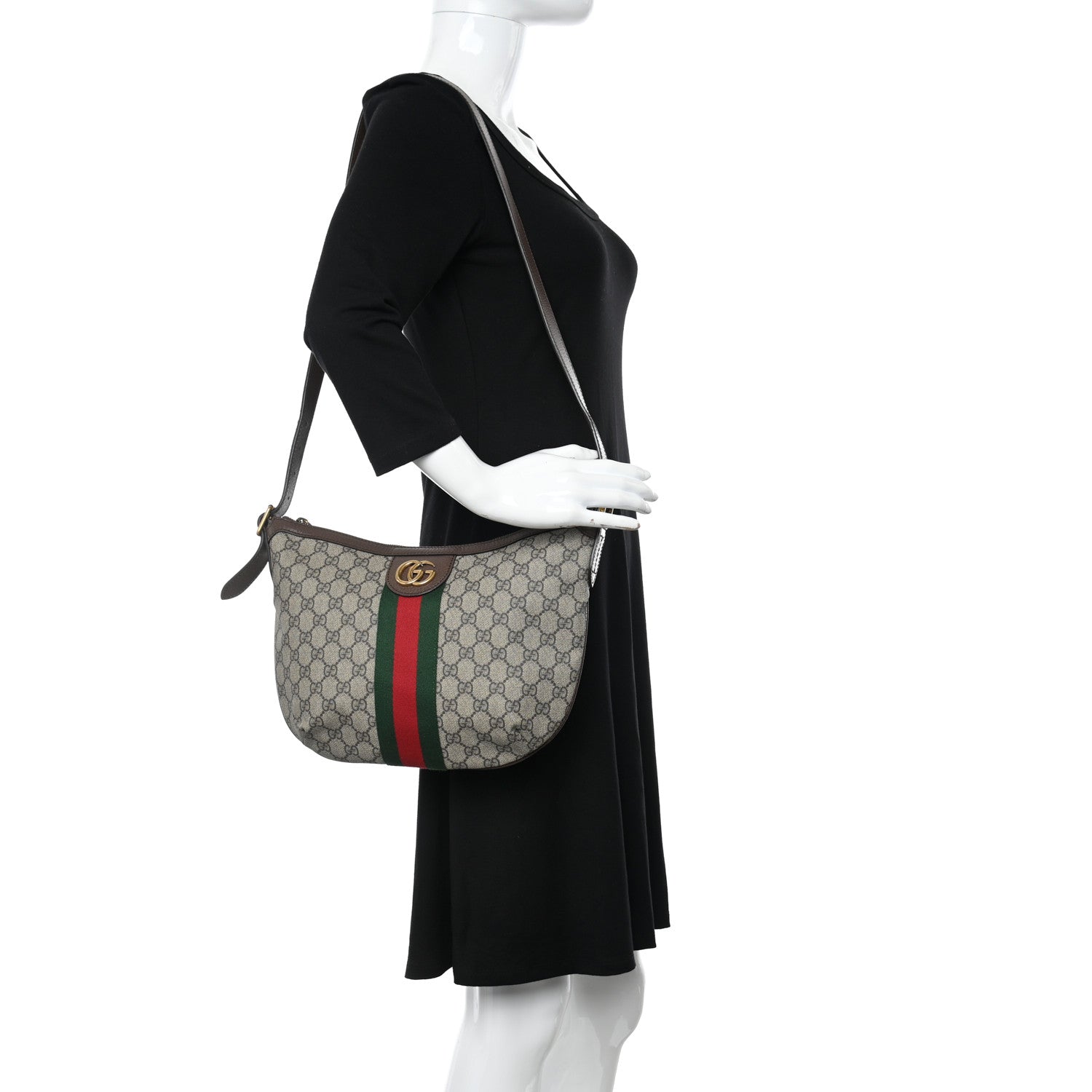 Gucci GG Supreme Monogram Textured Dollar Calfskin Web Small Ophidia Half Moon Hobo Beige Ebony New Acero 2 of 13