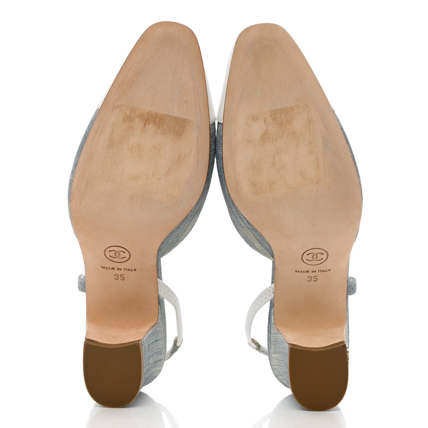 Chanel Denim Lambskin Cap Toe CC Slingback Pumps 35 Light Blue White 5 of 9