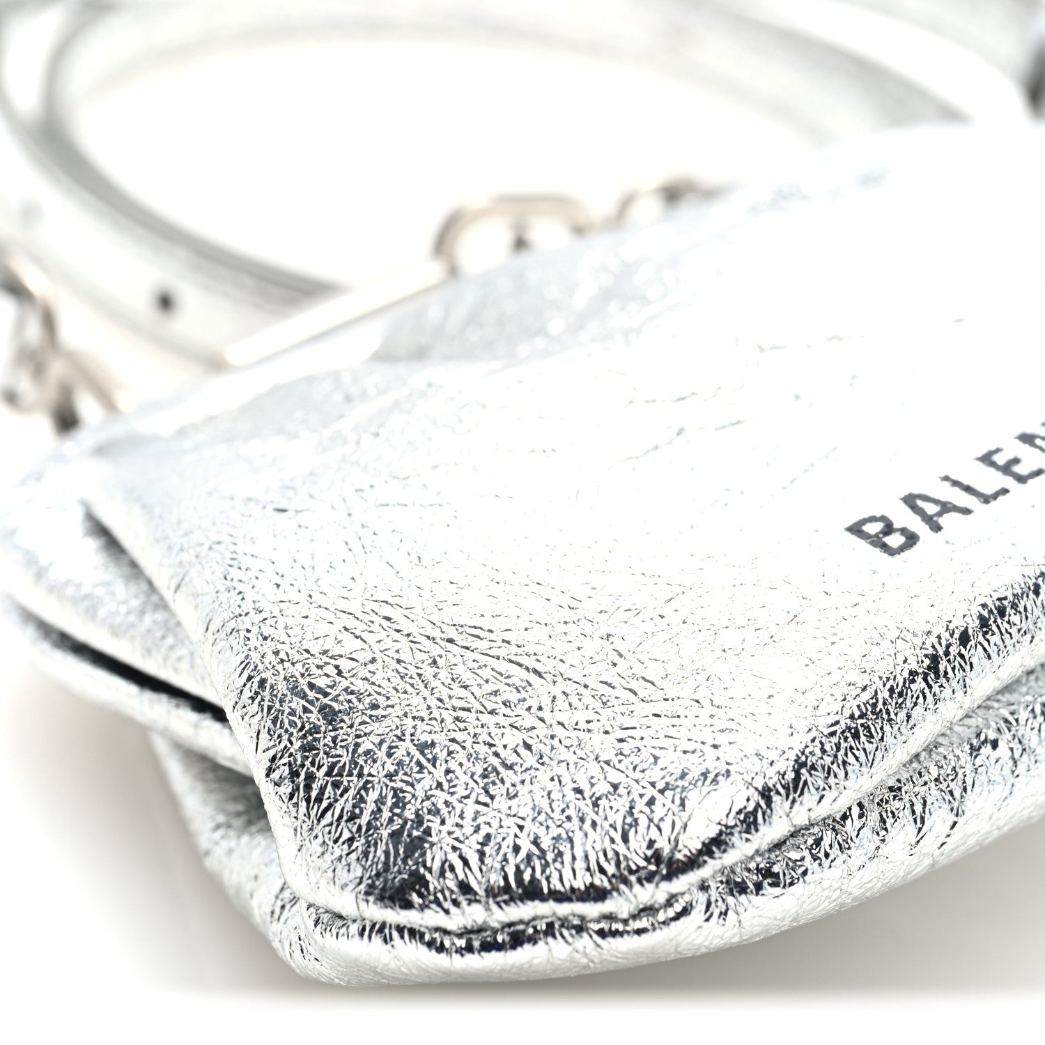 Balenciaga Metallic Textured Calfskin Logo Cloud Coin Purse With Strap Silver 9 of 11