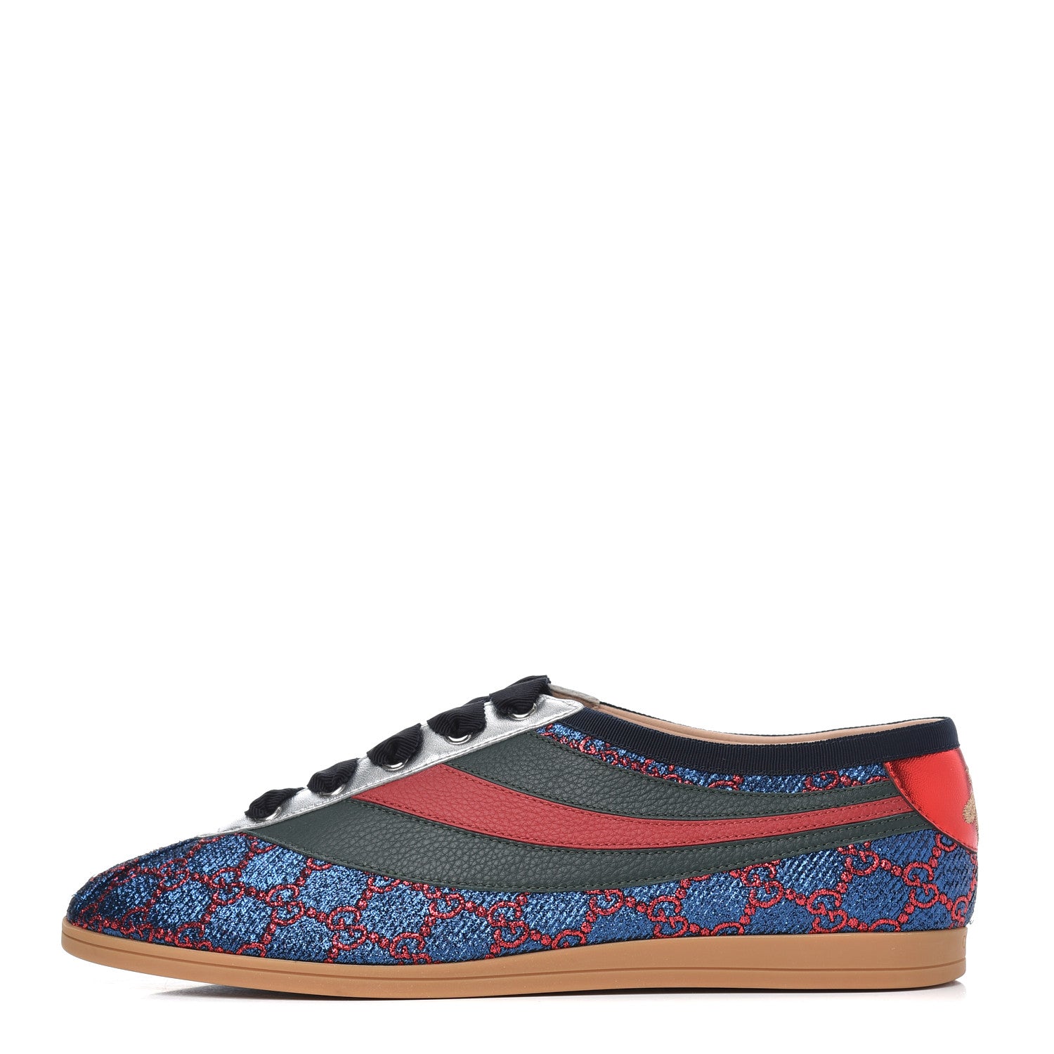 Gucci Lurex Calfskin Web GG Monogram Mens Falacer Sneakers 9 Iridescent Blue Iridescent Red Silver 1 of 9