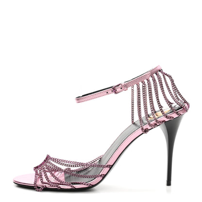 Saint Laurent Metallic Lambskin Chain Babylone 90 Ankle Strap Sandals 38 Bubblegum 1 of 9