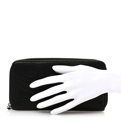 Chanel Lambskin Camellia Embossed Large Zip Around Gusset Wallet Black 2 of 13