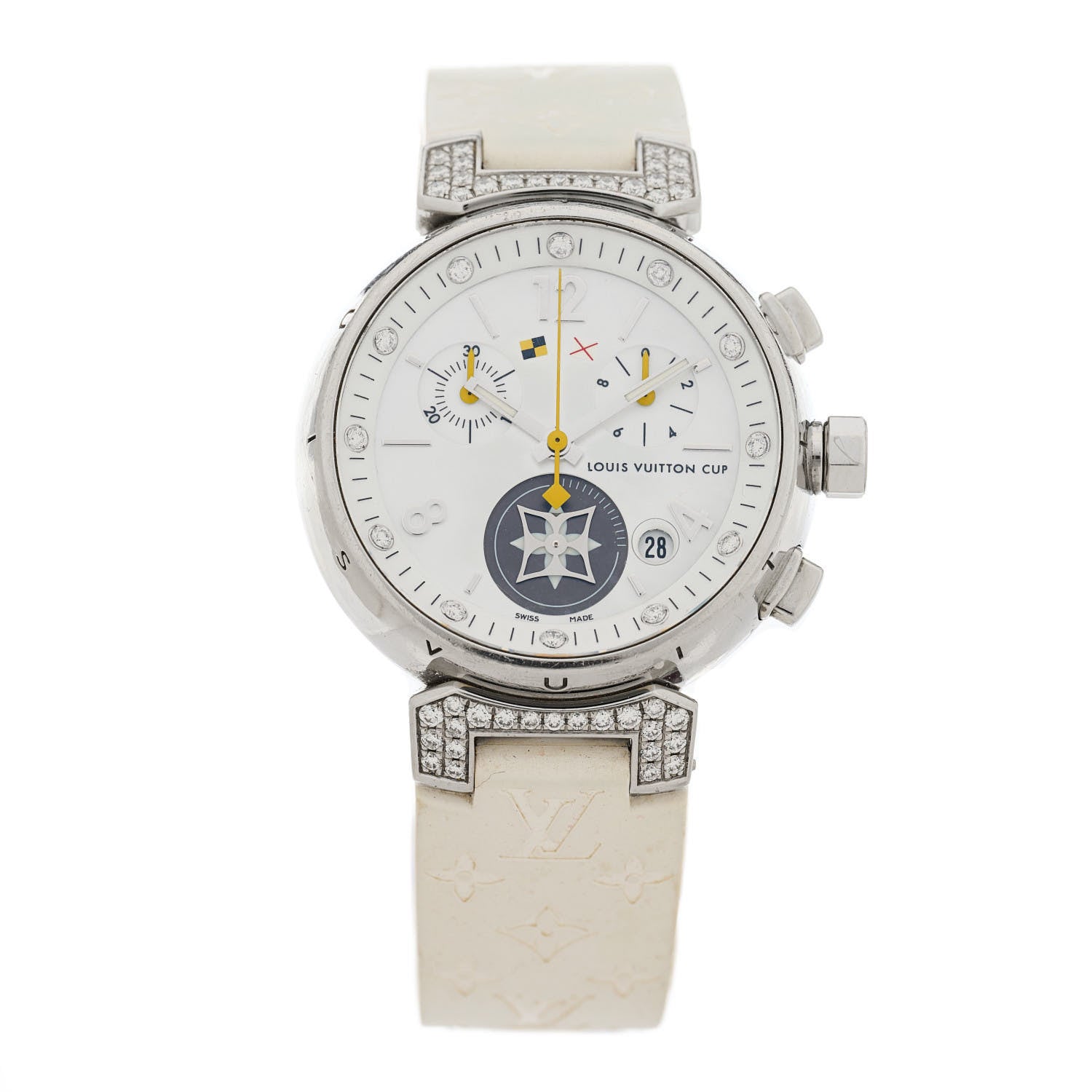 Louis Vuitton Stainless Steel Rubber Diamond Mother of Pearl 34mm Tambour Lovely Cup Quartz Watch 1 of 4