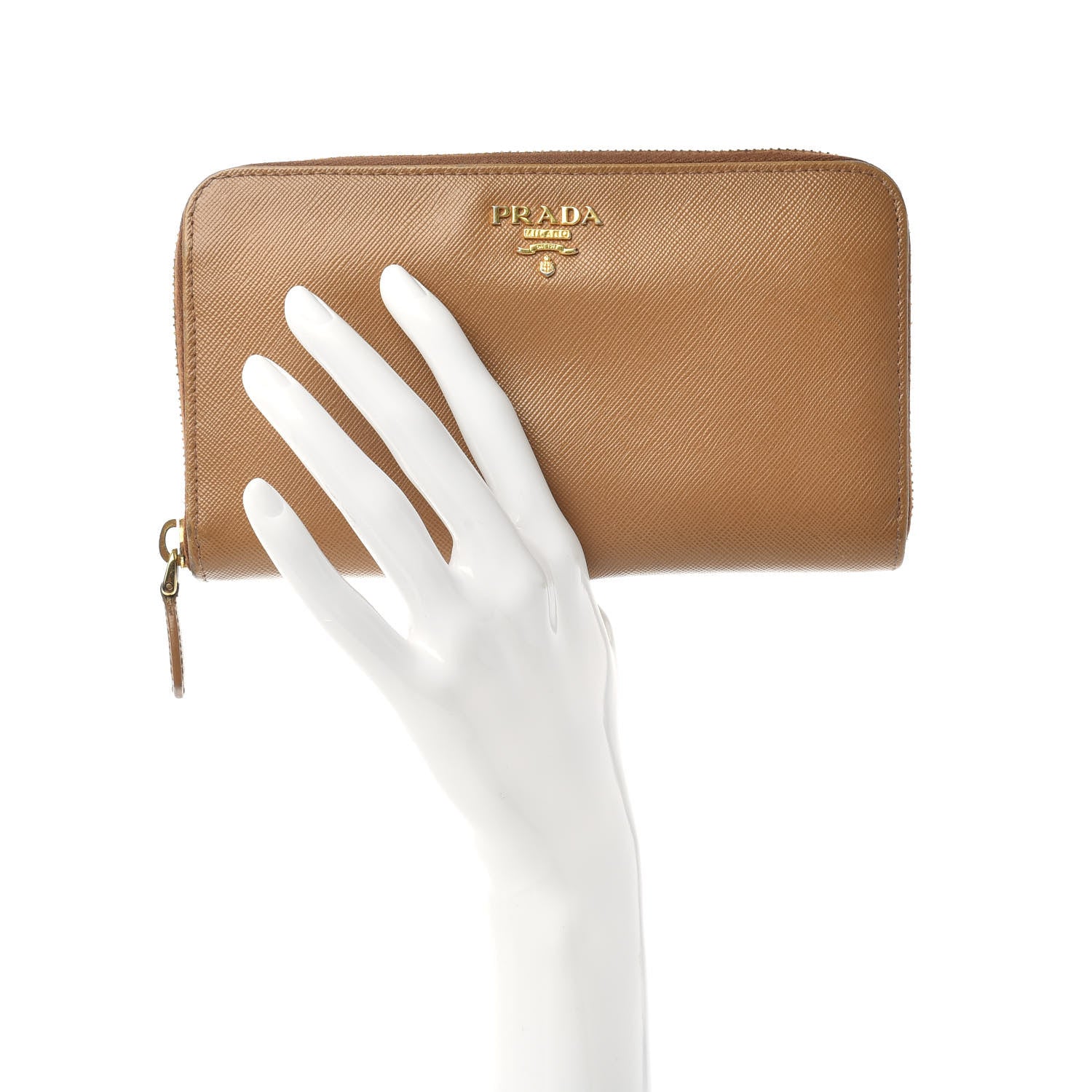 Prada Saffiano Metal Zip Around Wallet Caramel 2 of 6