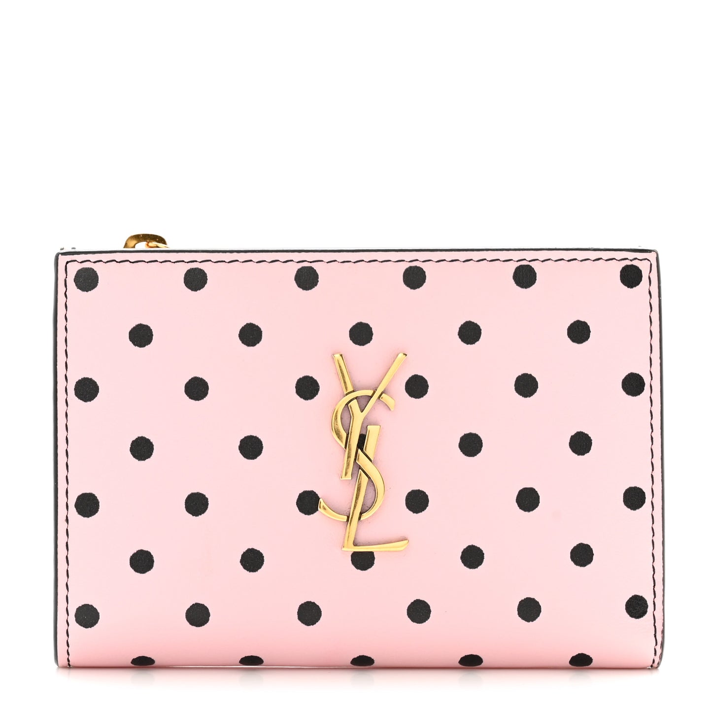 Calfskin Polka Dot Monogram Bi Fold Zipped Wallet Pink Black