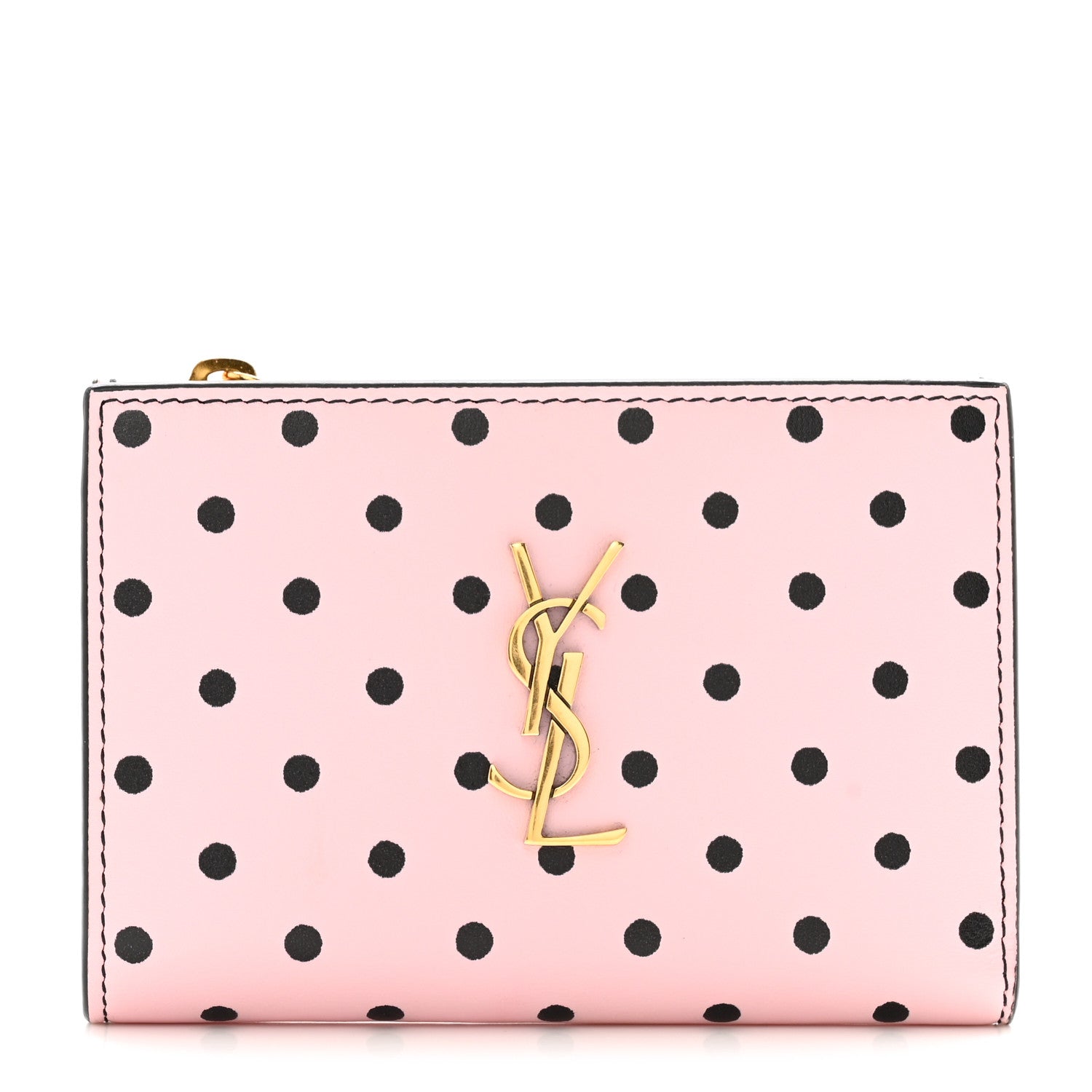 Saint Laurent Calfskin Polka Dot Monogram Bi Fold Zipped Wallet Pink Black 1 of 7