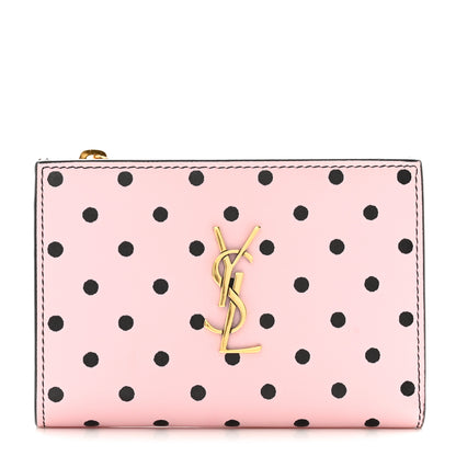 Saint Laurent Calfskin Polka Dot Monogram Bi Fold Zipped Wallet Pink Black 1 of 7