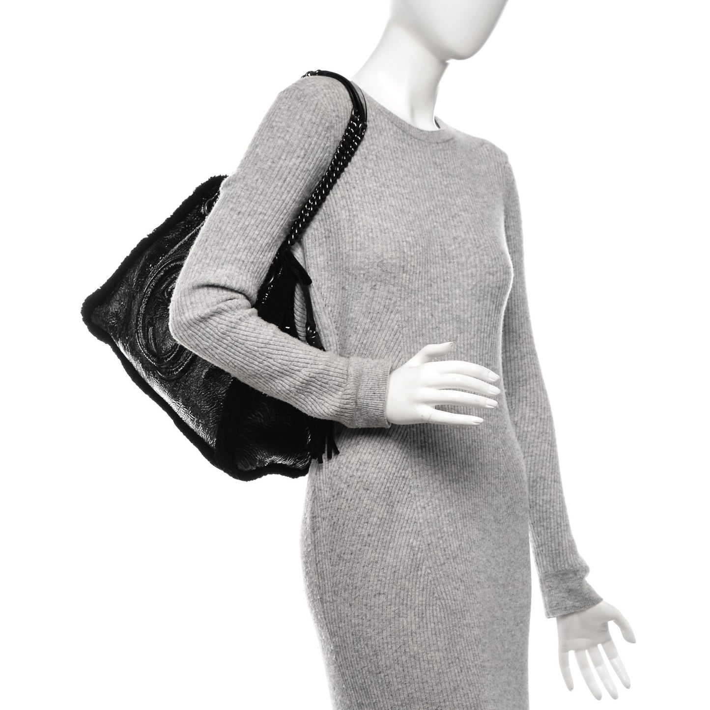 Patent Shearling Medium Soho Chain Shoulder Bag Black