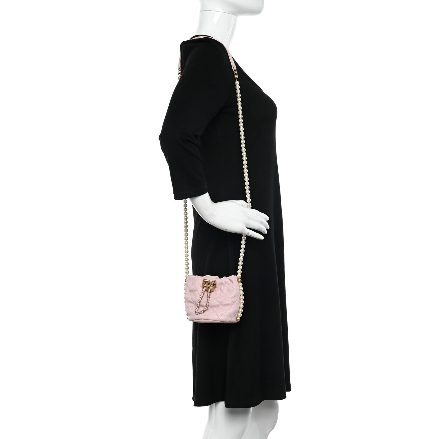 Calfskin Quilted Pearl Mini About Pearls Drawstring Bucket Light Pink