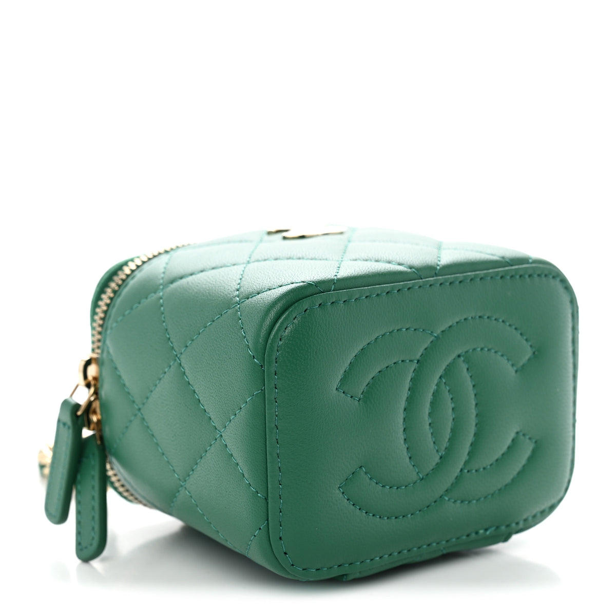 Lambskin Quilted Top Handle Mini Vanity Case With Chain Green