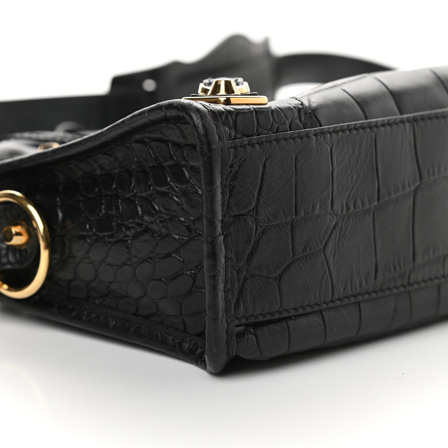 Calfskin Crocodile Embossed Gold Metallic Edge Hardware Mini City Black