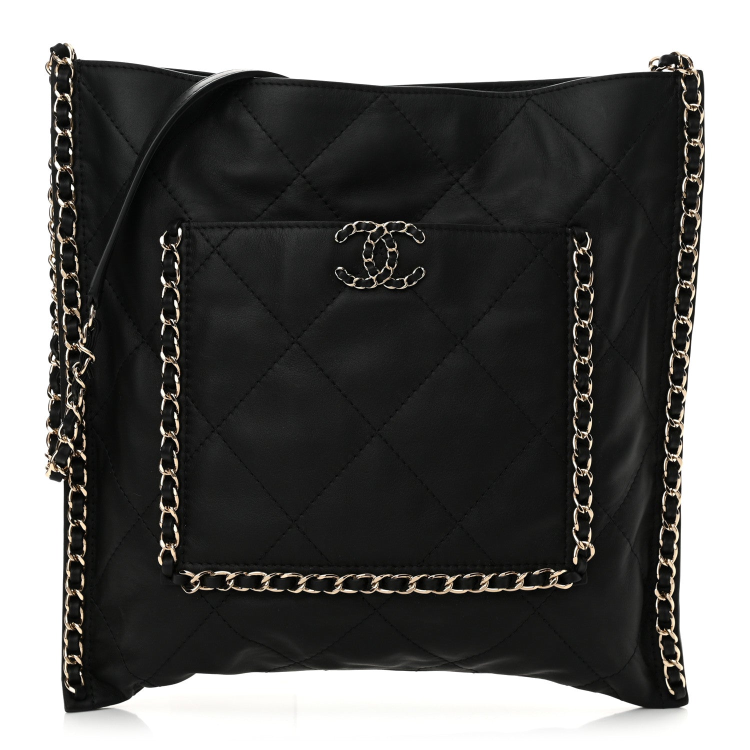 Chanel Calfskin Quilted Chain Flat Tote Black 1 of 11