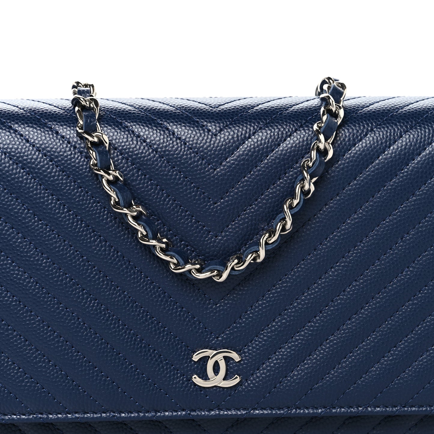 Caviar Chevron Quilted Wallet On Chain WOC Navy