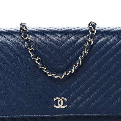 Chanel Caviar Chevron Quilted Wallet On Chain WOC Navy 9 of 12