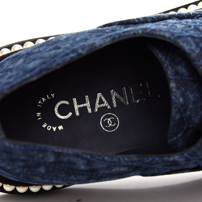 Chanel Denim Grosgrain Camellia Pearl Lace Up Sneakers 37 Blue Black 8 of 10