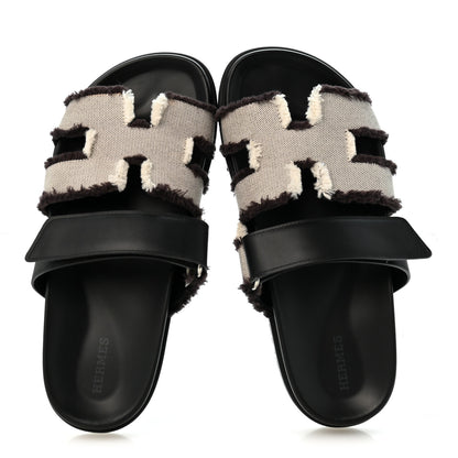 Hermes Techno Fringed H Canvas Caflskin Womens Chypre Sandals 38 Prunoir Black 2 of 11