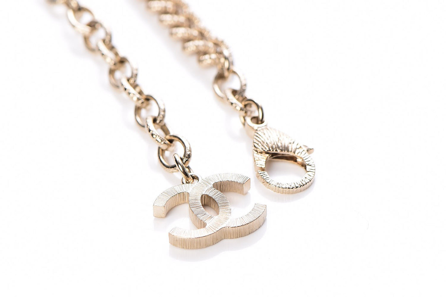 Quilted CC Long Chain Necklace Gold Pearly White