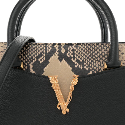 Versace Grainy Calfskin Snakeskin Embossed Virtus Top Handle Tote Black 7 of 10