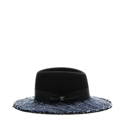 Chanel Tweed Felt CC Fedora Hat S Blue Black 3 of 8