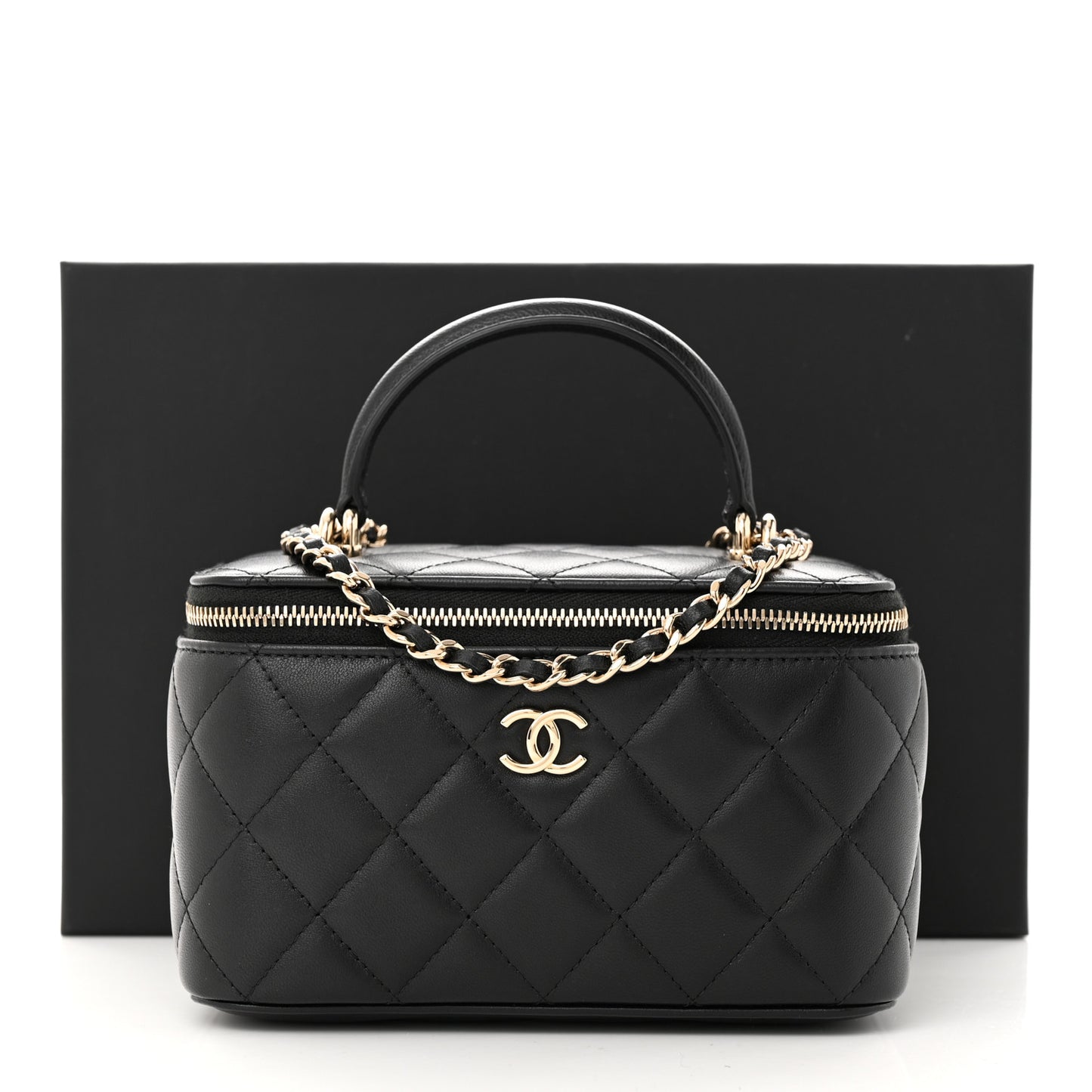 Lambskin Quilted Small Top Handle Vanity Case With Chain Black
