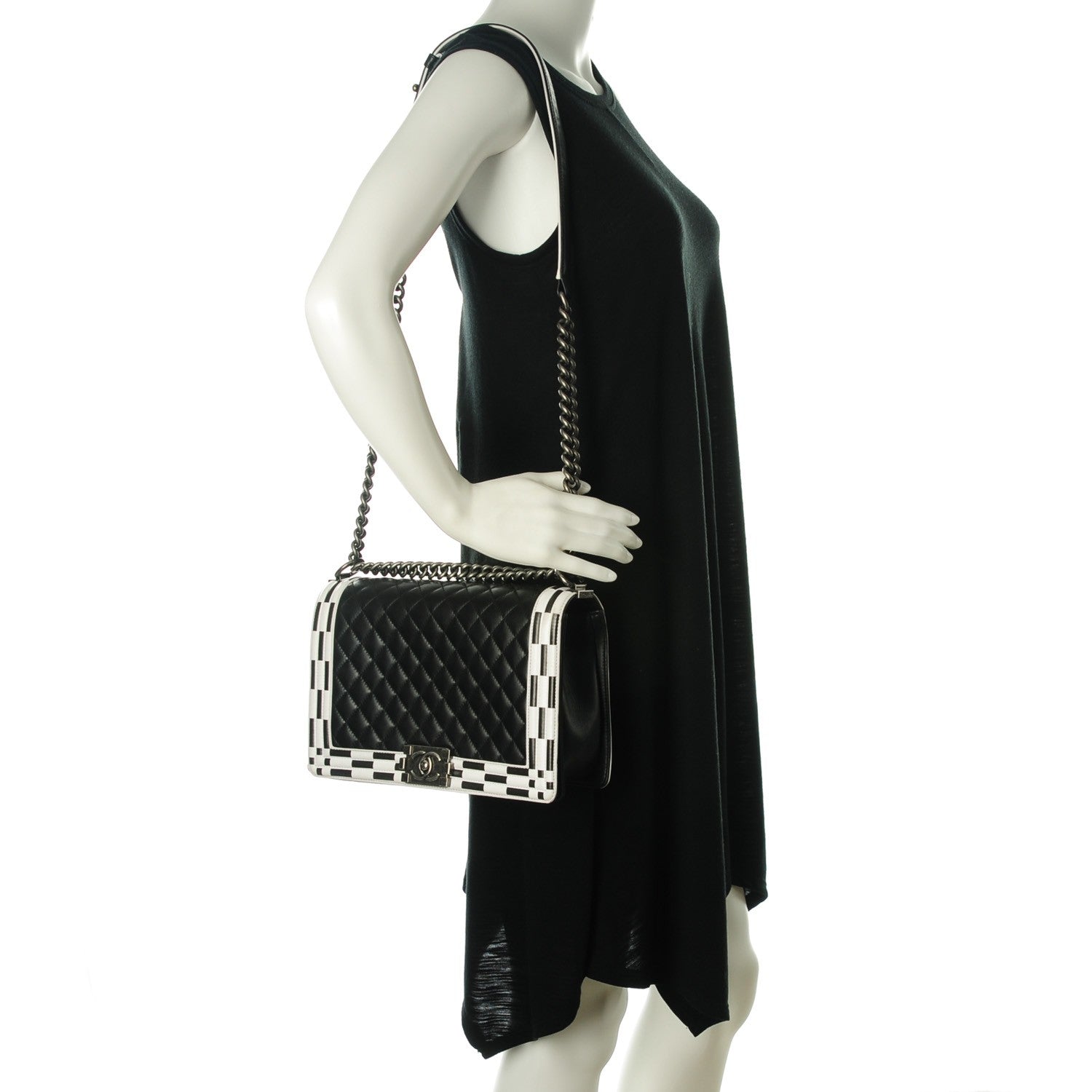 Chanel Calfskin Quilted Checkerboard Trim New Medium Boy Flap Black White 2 of 8