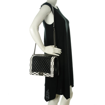 Chanel Calfskin Quilted Checkerboard Trim New Medium Boy Flap Black White 2 of 8