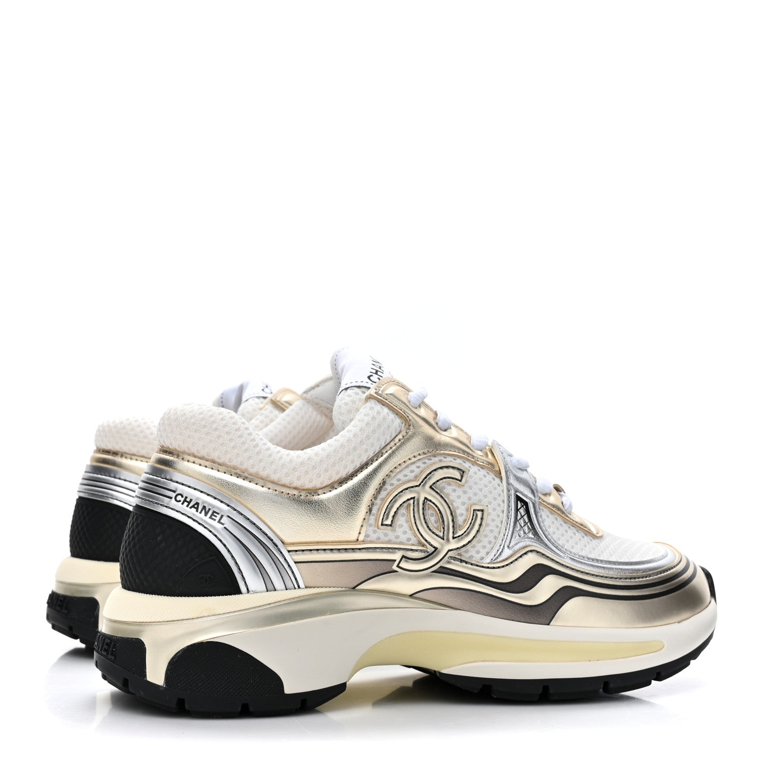 Chanel Fabric Laminated Calfskin Stretch CC Womens Sneakers 36 White Gold Silver 5 of 10